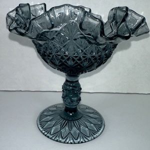Vintage Fenton Art Glass Diamond Smoke Footed Dish with Ruffled Top